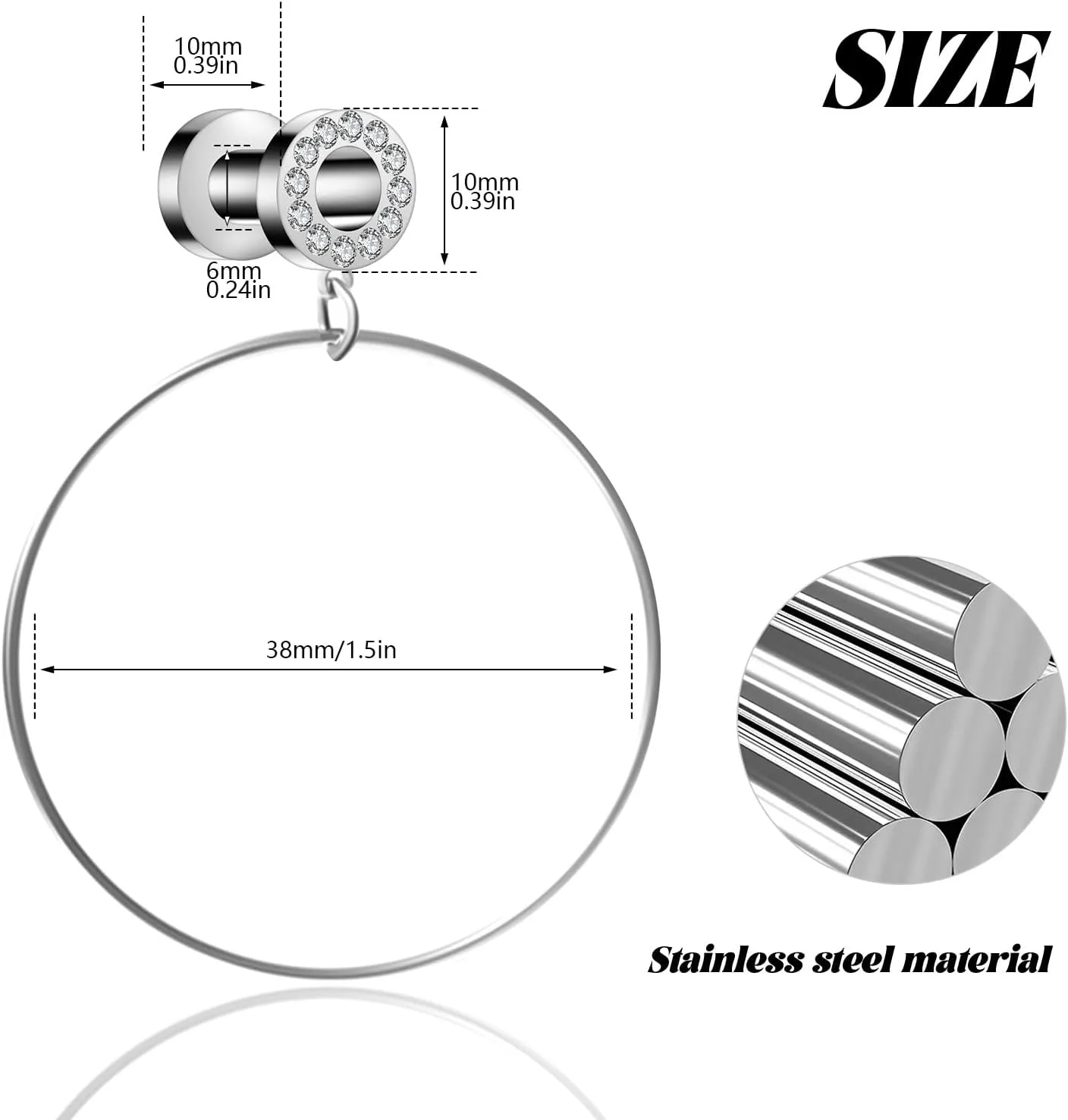 Stainless Steel Ear Tunnels with Nose Hoop Rings, 4-16mm, 2 Pieces