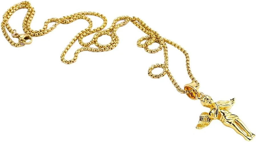Stainless Steel Guardian Angel Pendant Necklace for Women Men 18K Gold Plated Angel Baby Hip Hop Necklace Jewelry Gift with 24 Inch Chain