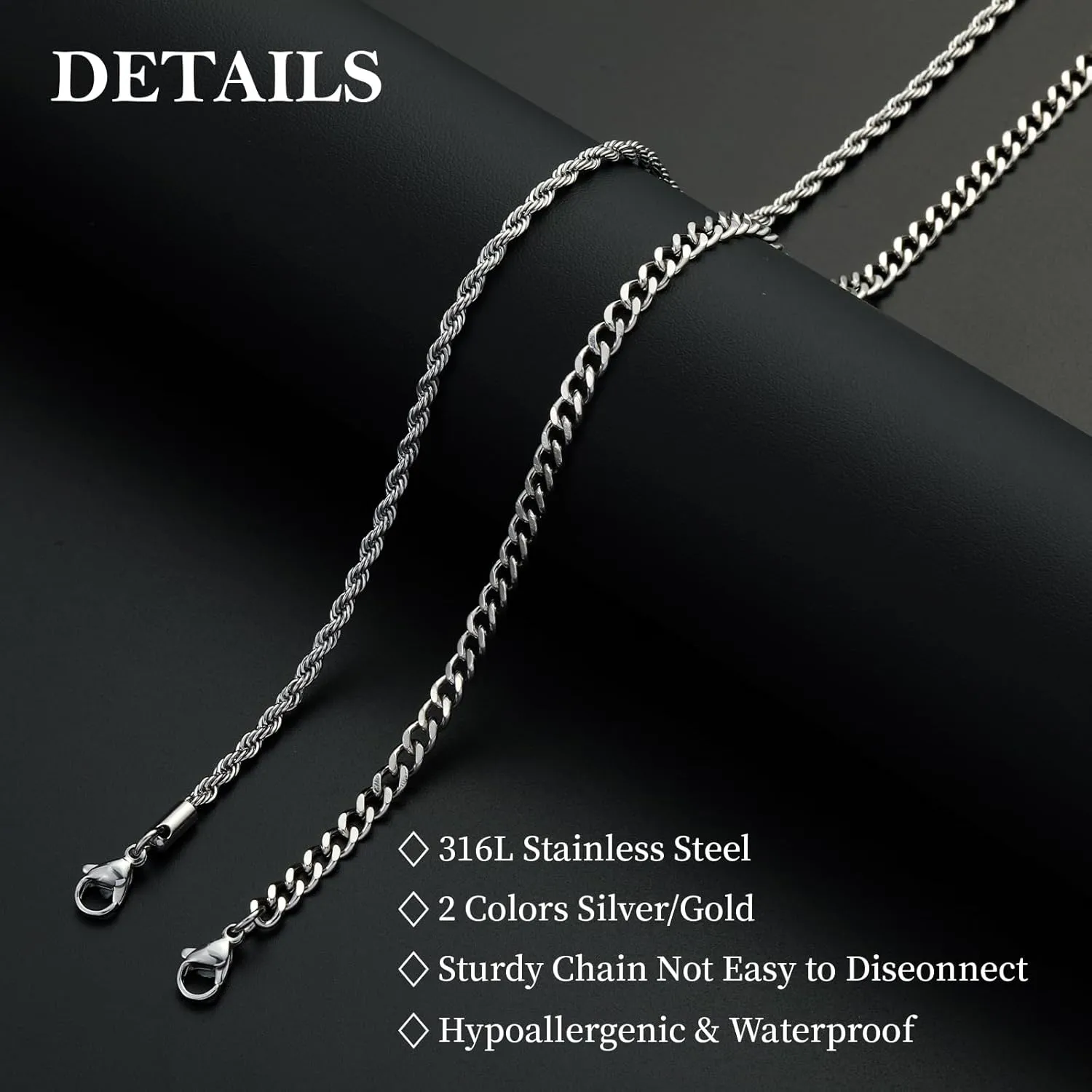 Stainless Steel Layered Chain Necklaces for Men Boys, 2Pcs Cuban Link/Rope/Herringbone Chains Jewelry Gifts, 16 "/18 ", 18 "/20 ", 20 "/22 ", 22 "/24 "
