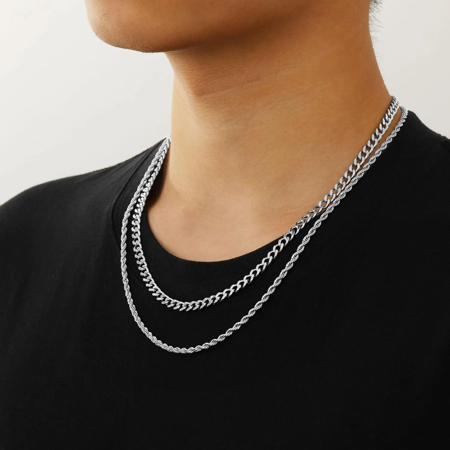 Stainless Steel Layered Chain Necklaces for Men Boys, 2Pcs Cuban Link/Rope/Herringbone Chains Jewelry Gifts, 16 "/18 ", 18 "/20 ", 20 "/22 ", 22 "/24 "