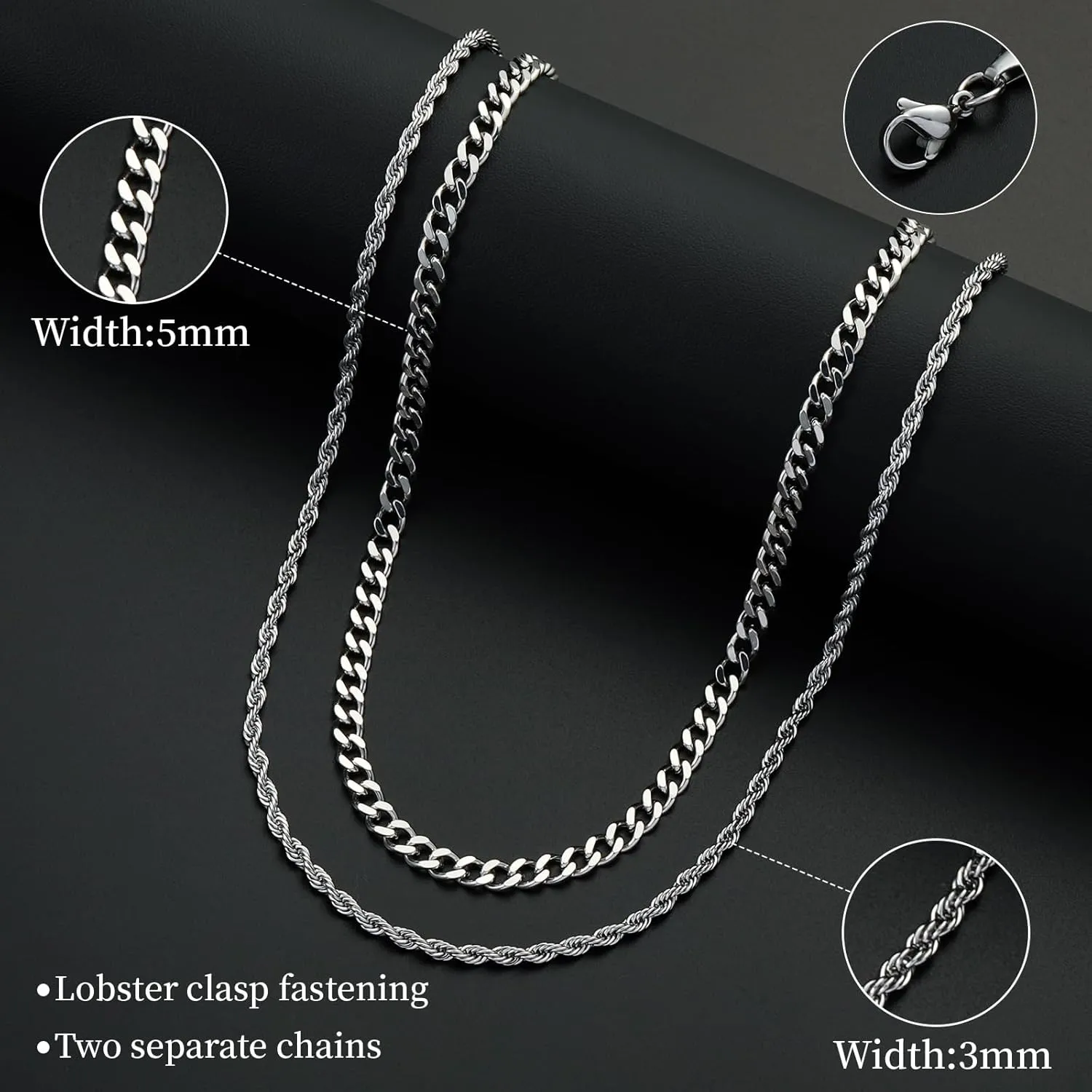 Stainless Steel Layered Chain Necklaces for Men Boys, 2Pcs Cuban Link/Rope/Herringbone Chains Jewelry Gifts, 16 "/18 ", 18 "/20 ", 20 "/22 ", 22 "/24 "