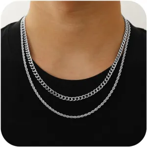 Stainless Steel Layered Chain Necklaces for Men Boys, 2Pcs Cuban Link/Rope/Herringbone Chains Jewelry Gifts, 16 "/18 ", 18 "/20 ", 20 "/22 ", 22 "/24 "