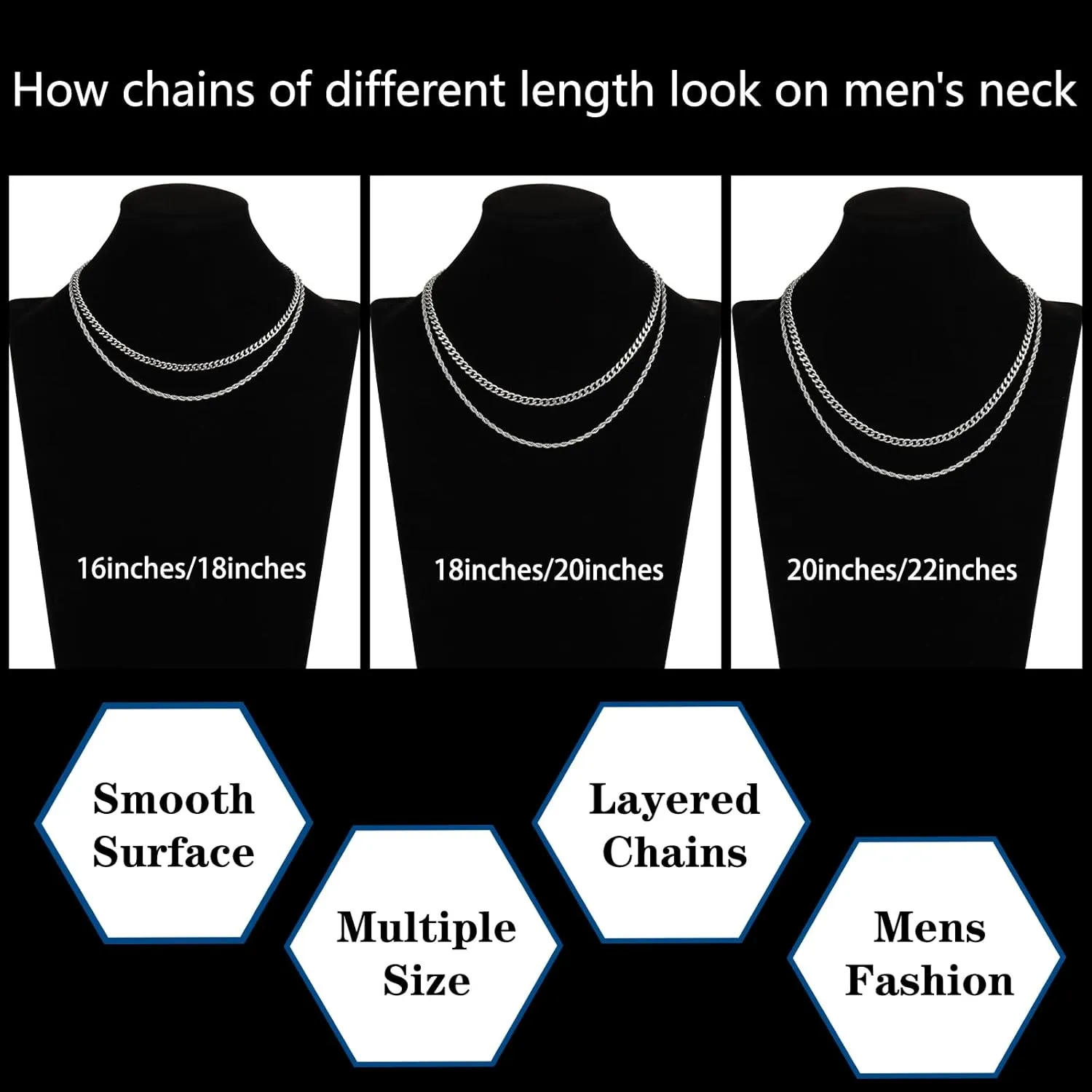 Stainless Steel Layered Chain Necklaces for Men Boys, 2Pcs Cuban Link/Rope/Herringbone Chains Jewelry Gifts, 16 "/18 ", 18 "/20 ", 20 "/22 ", 22 "/24 "