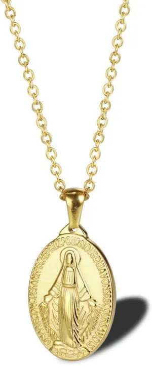 Stainless Steel Oval Virgin Mary Necklace,Religious Jesus 18K Gold Plated Necklace,Christ Medallion Coin Women Necklace