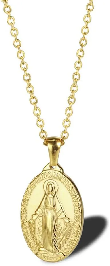 Stainless Steel Oval Virgin Mary Necklace,Religious Jesus 18K Gold Plated Necklace,Christ Medallion Coin Women Necklace