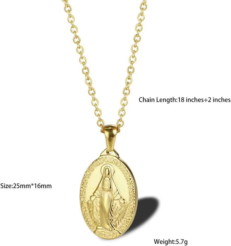 Stainless Steel Oval Virgin Mary Necklace,Religious Jesus 18K Gold Plated Necklace,Christ Medallion Coin Women Necklace
