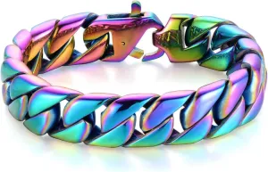 Stainless Steel Rainbow Curb Chain Cuban Chain Link Chain Bangle Bracelet for Men, Hip Hop Stylish