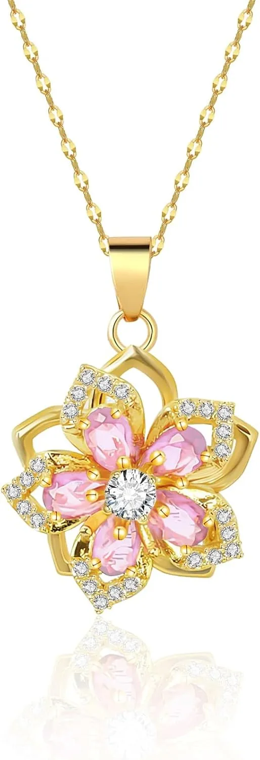 Stainless Steel Rotating Flower Pendant Necklace for Women - 5 Petal Flower Jewelry, Durable & Elegant Design|GOLD