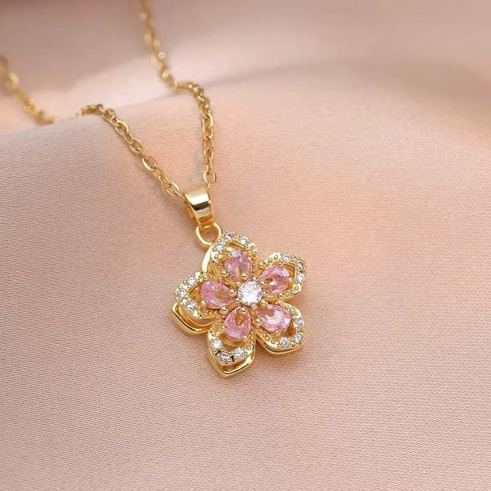 Stainless Steel Rotating Flower Pendant Necklace for Women - 5 Petal Flower Jewelry, Durable & Elegant Design|GOLD