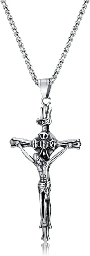 Stainless Steel Vintage Mens Cross Catholic Jesus Crucifix Pendant Necklace
