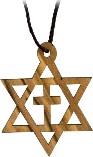Star of David with Cross, Wooden Cross Necklace for Men & Women, Certified Holy Land Olive Wood Messianic Pendant Necklace from Bethlehem Israel, Religious Keepsake Gift
