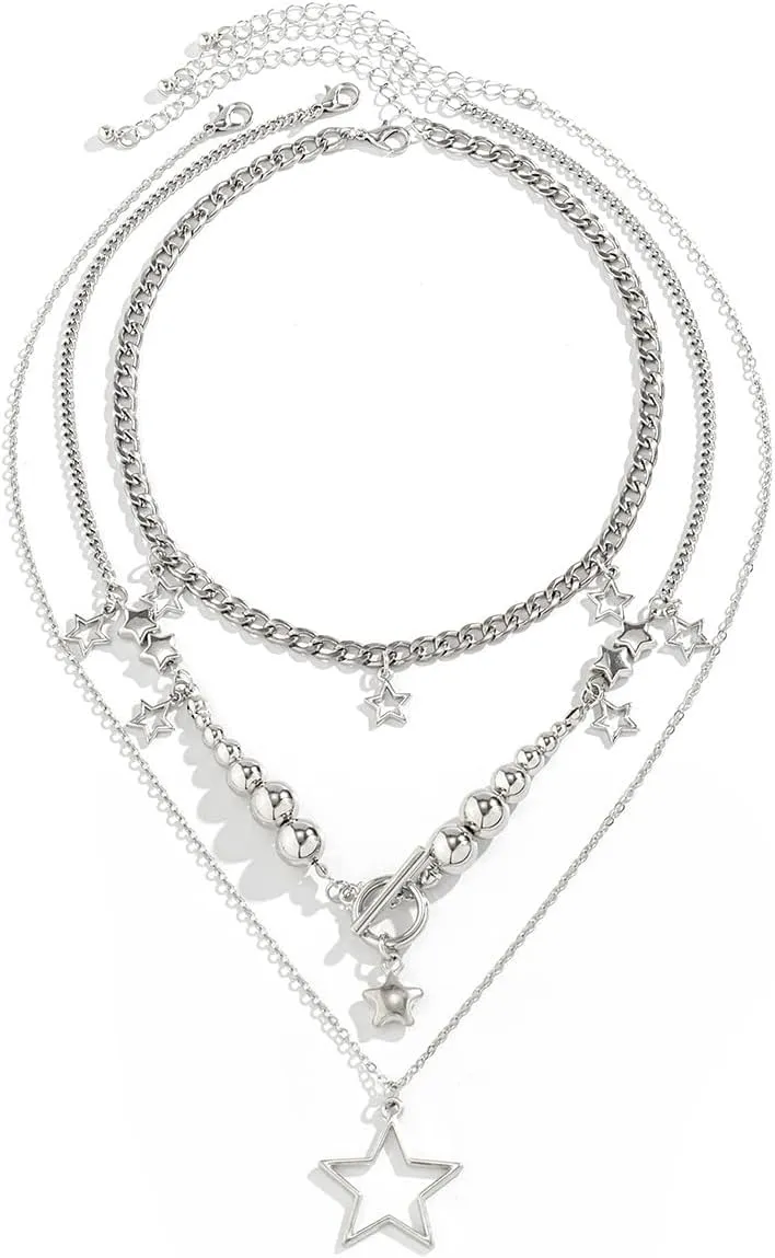 Star Y2k Silver Necklace Grunge Layered Necklace Cute Aesthetic Stack Toggle Chain Necklaces Gothic Vintage Emo Jewelry Set for Women