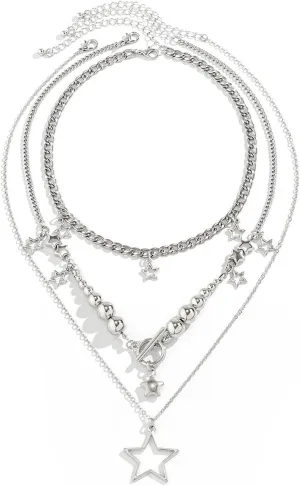 Star Y2k Silver Necklace Grunge Layered Necklace Cute Aesthetic Stack Toggle Chain Necklaces Gothic Vintage Emo Jewelry Set for Women