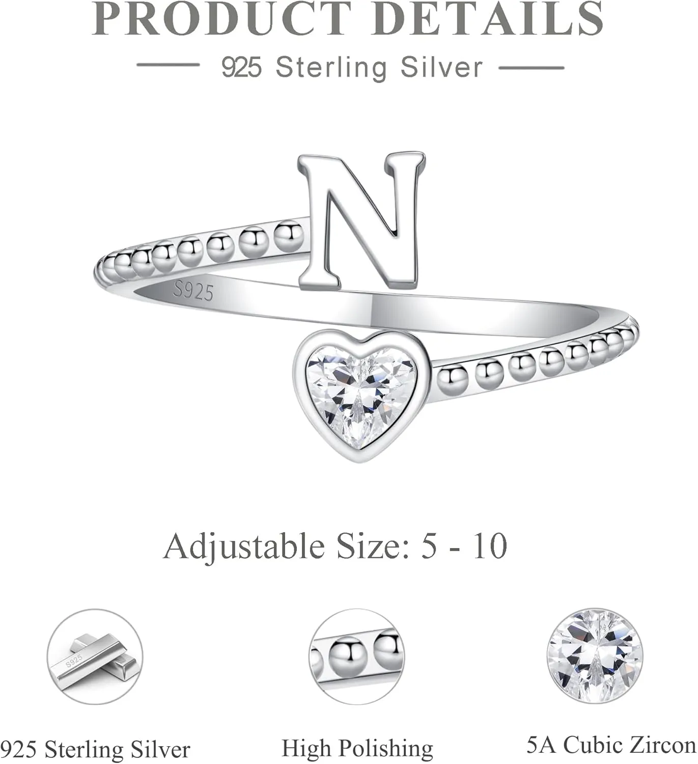Step Forward 925 Sterling Silver Adjustable Initial Ring for Women | Non Tarnish Letter Rings for Lady | Alphabet Heart Thumb Rings | Capital Letter Jewelry Gifts