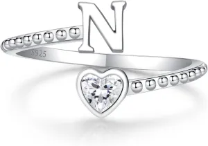 Step Forward 925 Sterling Silver Adjustable Initial Ring for Women | Non Tarnish Letter Rings for Lady | Alphabet Heart Thumb Rings | Capital Letter Jewelry Gifts