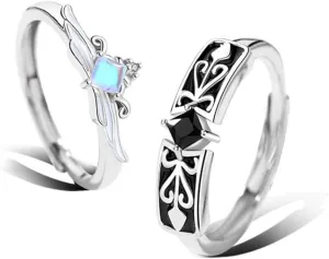 Sterling Silver Couples Matching Promise Rings for Her, Him, Women, Men, Best Friend, Engagement Wedding Ring, Adjustable - Gift Wrap