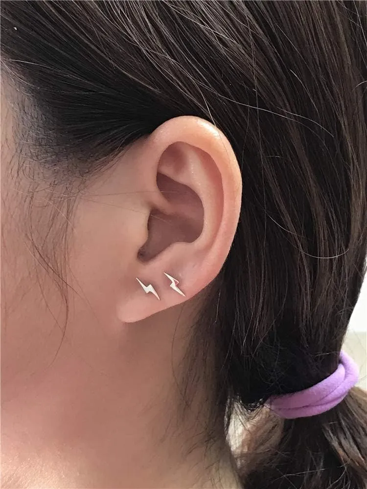 Sterling Silver Lightning Bolt Tiny Stud Earrings for Women Girls Men Hypoallergenic Pierced Ear Minimalist Polished Mini Flash Thunder Button Tragus Post Pin Body Jewelry