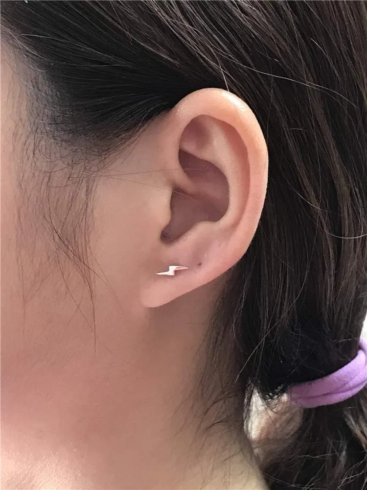 Sterling Silver Lightning Bolt Tiny Stud Earrings for Women Girls Men Hypoallergenic Pierced Ear Minimalist Polished Mini Flash Thunder Button Tragus Post Pin Body Jewelry