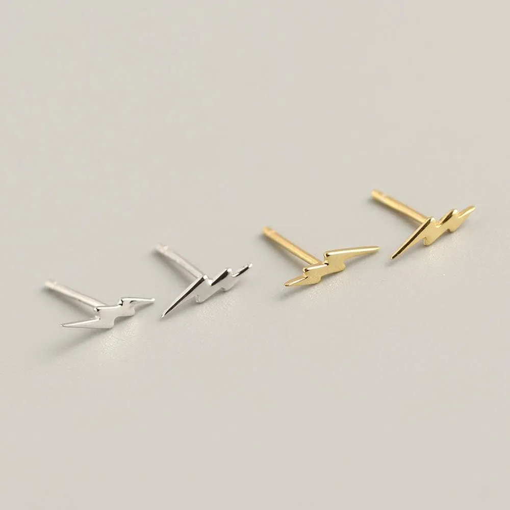 Sterling Silver Lightning Bolt Tiny Stud Earrings for Women Girls Men Hypoallergenic Pierced Ear Minimalist Polished Mini Flash Thunder Button Tragus Post Pin Body Jewelry