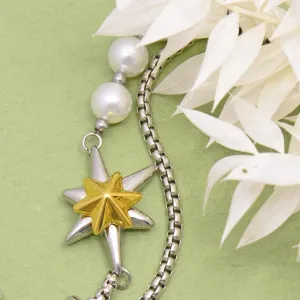 Sterling Silver Pearl Bracelets for Women & Men, Silver Jewelry Charm Bracelet with Link Double Strand , Bracelet Stack with Adjustable Link Chain and Star, Birthday Anniversary Christmas Jewelry Gifts for Wife Girlfriend Mother her