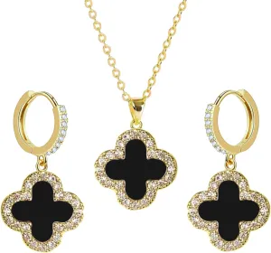 Studded Clover Necklace with Studded Hoop Earrings for Women | Designer Jewelry Set for Women | Lovely Gift