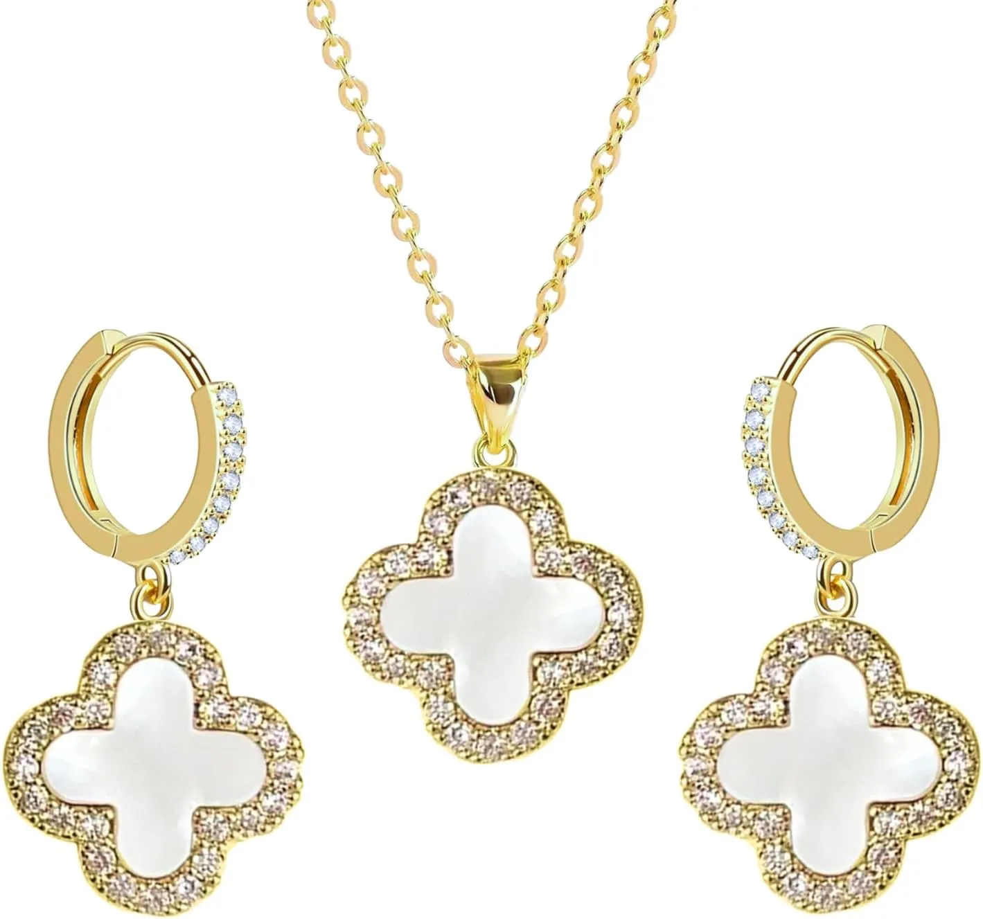 Studded Clover Necklace with Studded Hoop Earrings for Women | Designer Jewelry Set for Women | Lovely Gift