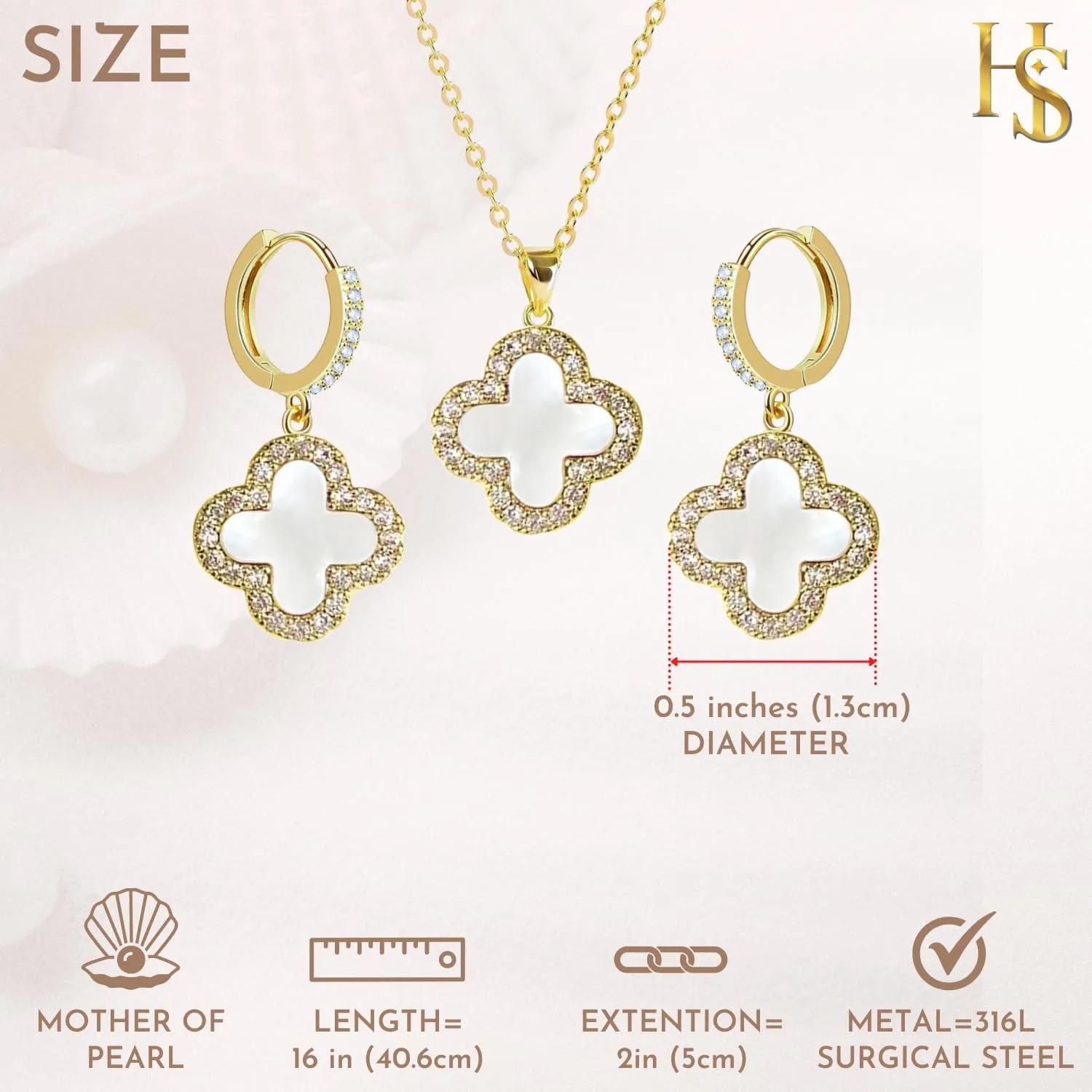 Studded Clover Necklace with Studded Hoop Earrings for Women | Designer Jewelry Set for Women | Lovely Gift
