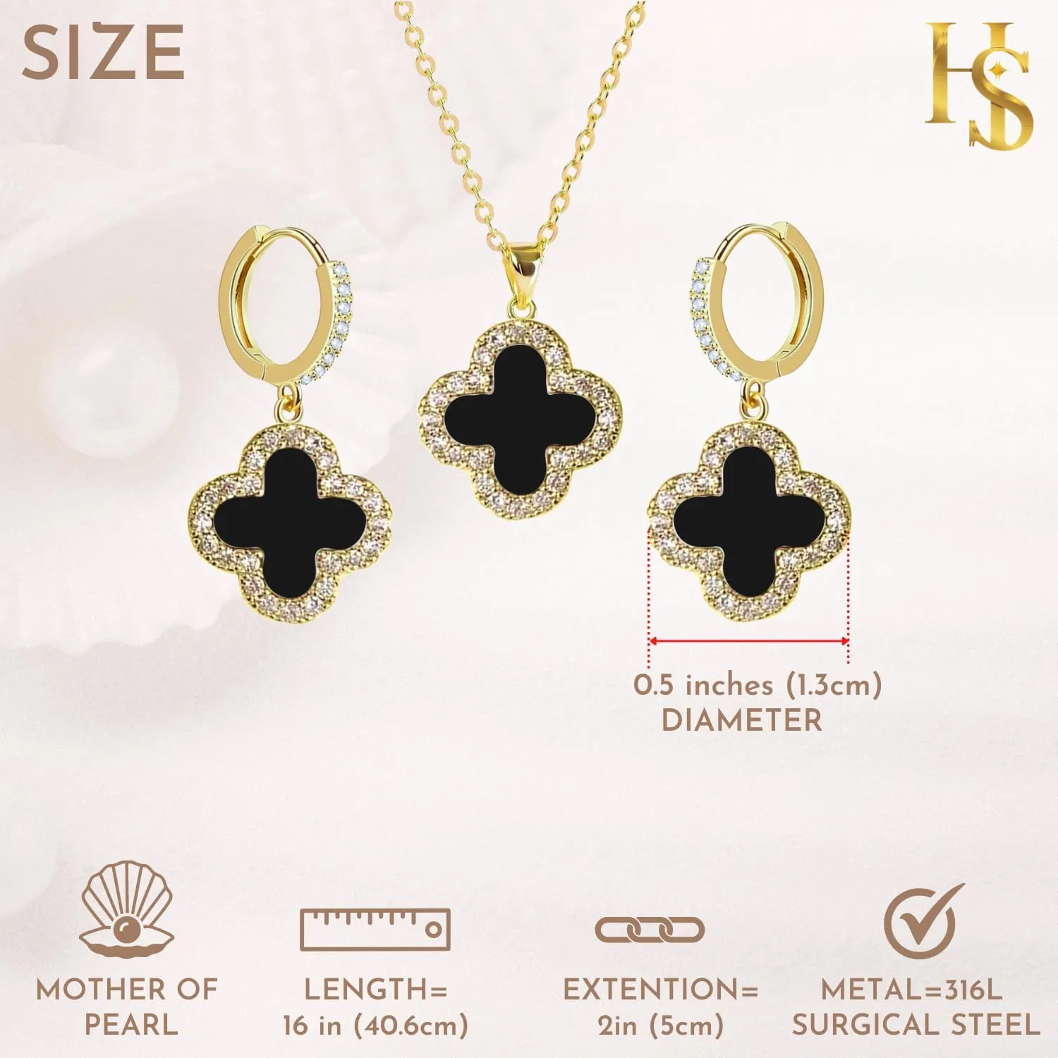 Studded Clover Necklace with Studded Hoop Earrings for Women | Designer Jewelry Set for Women | Lovely Gift