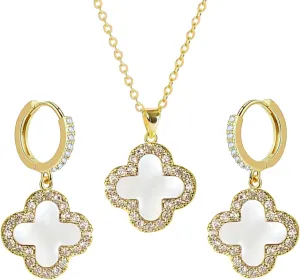 Studded Clover Necklace with Studded Hoop Earrings for Women | Designer Jewelry Set for Women | Lovely Gift