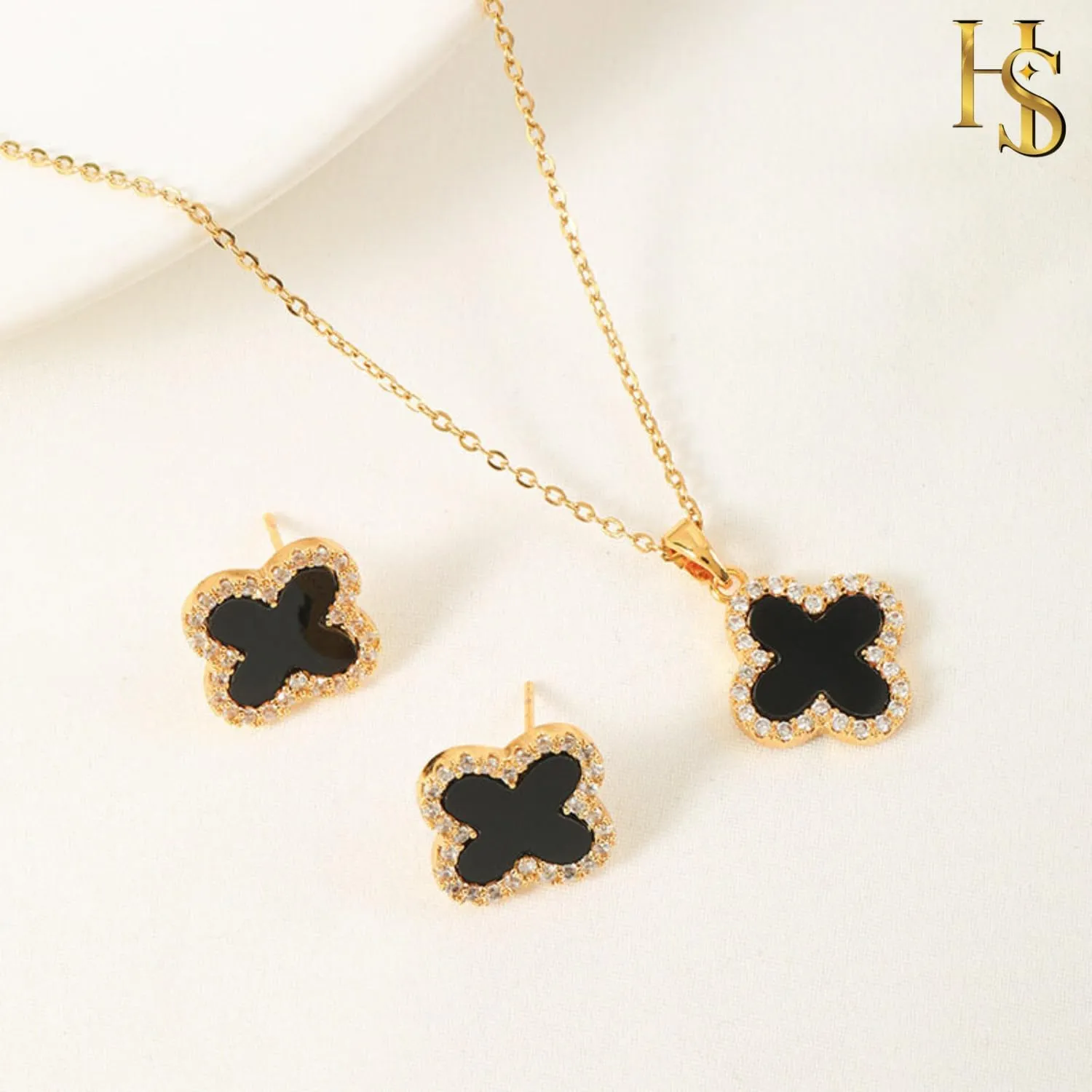 Studded Necklace Earrings Set for Women | Designer Four Leaf Jewelry Set for Women | Lovely Gift