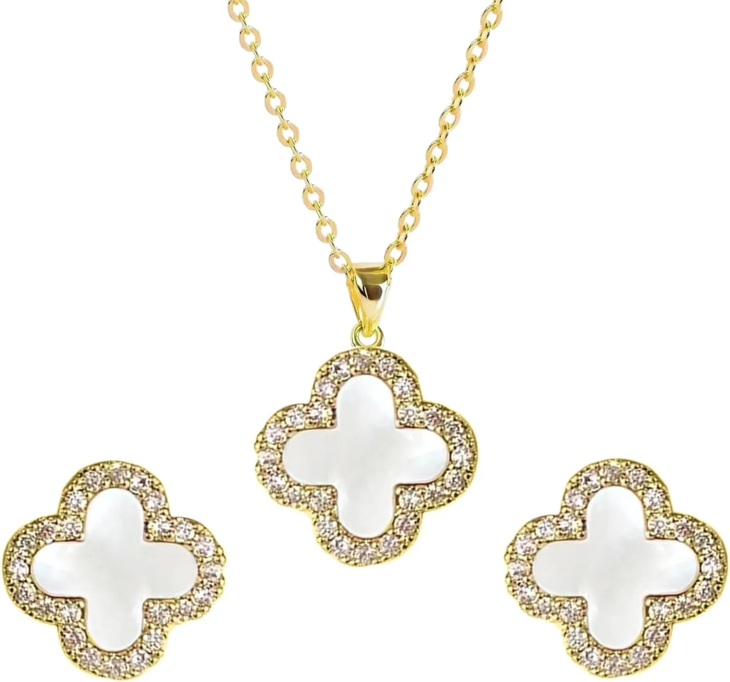 Studded Necklace Earrings Set for Women | Designer Four Leaf Jewelry Set | Lovely Gift for Women