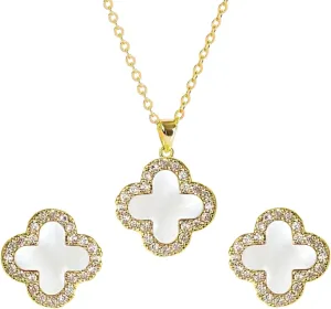 Studded Necklace Earrings Set for Women | Designer Four Leaf Jewelry Set | Lovely Gift for Women