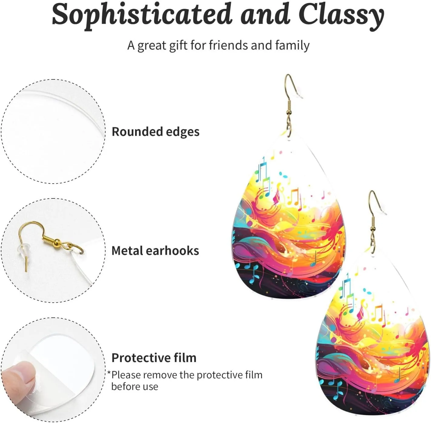 Stylish Drop-Shaped Acrylic Earrings Lightweight Printed Teardrop Dangle Earrings for Women (Abstract Music Themed)