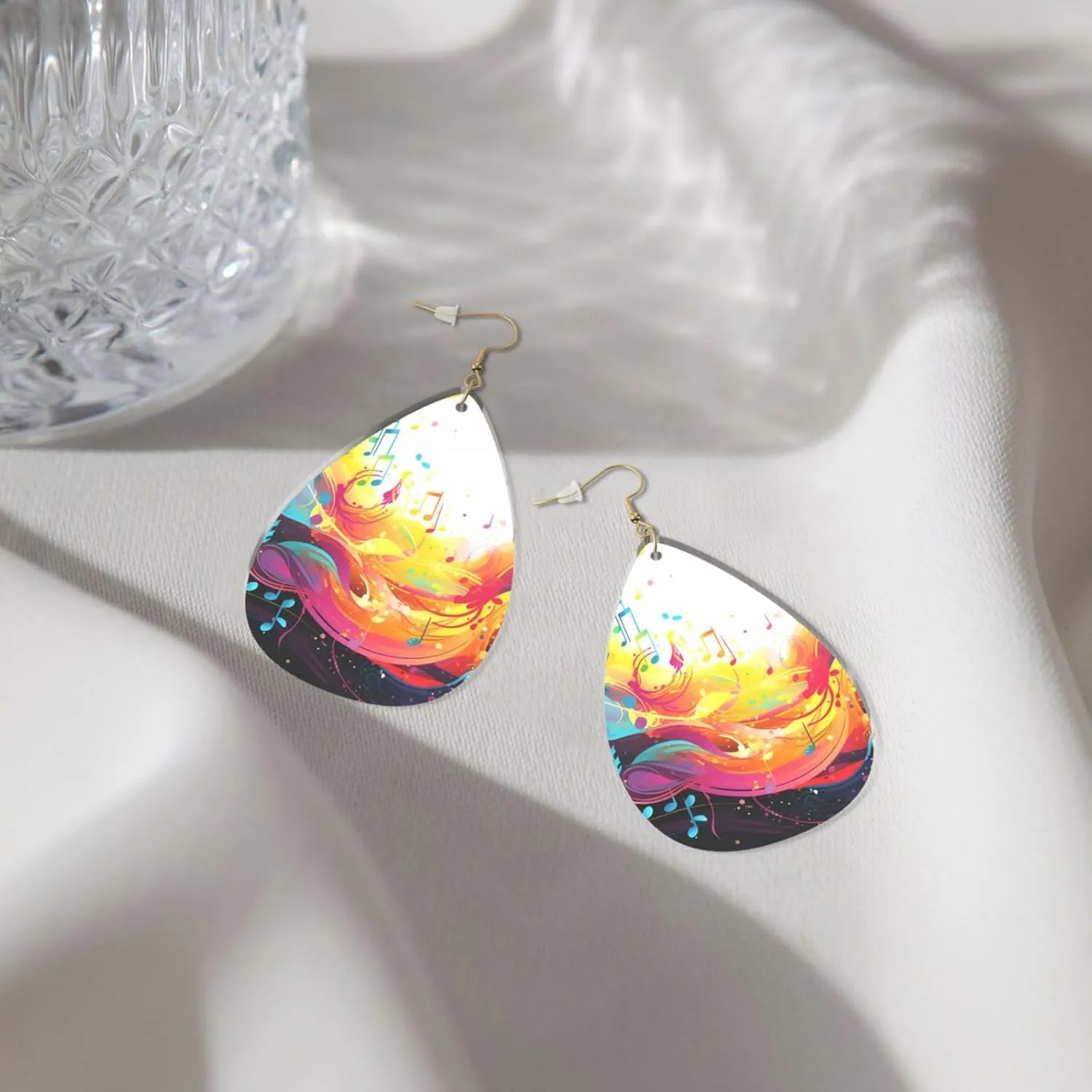 Stylish Drop-Shaped Acrylic Earrings Lightweight Printed Teardrop Dangle Earrings for Women (Abstract Music Themed)