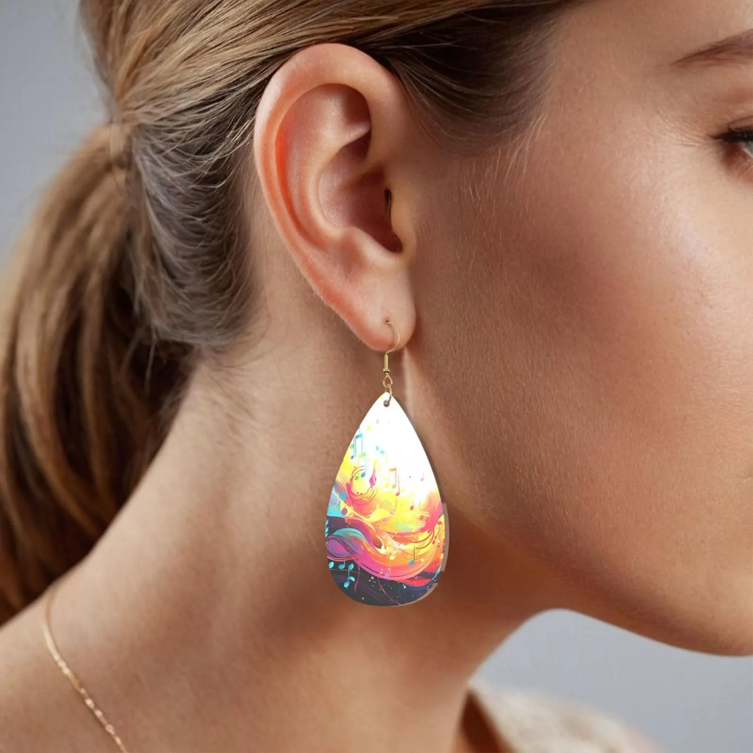 Stylish Drop-Shaped Acrylic Earrings Lightweight Printed Teardrop Dangle Earrings for Women (Abstract Music Themed)