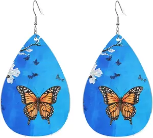 Stylish Drop-Shaped Acrylic Earrings Lightweight Printed Teardrop Dangle Earrings for Women (Art Blue Dragonfly)