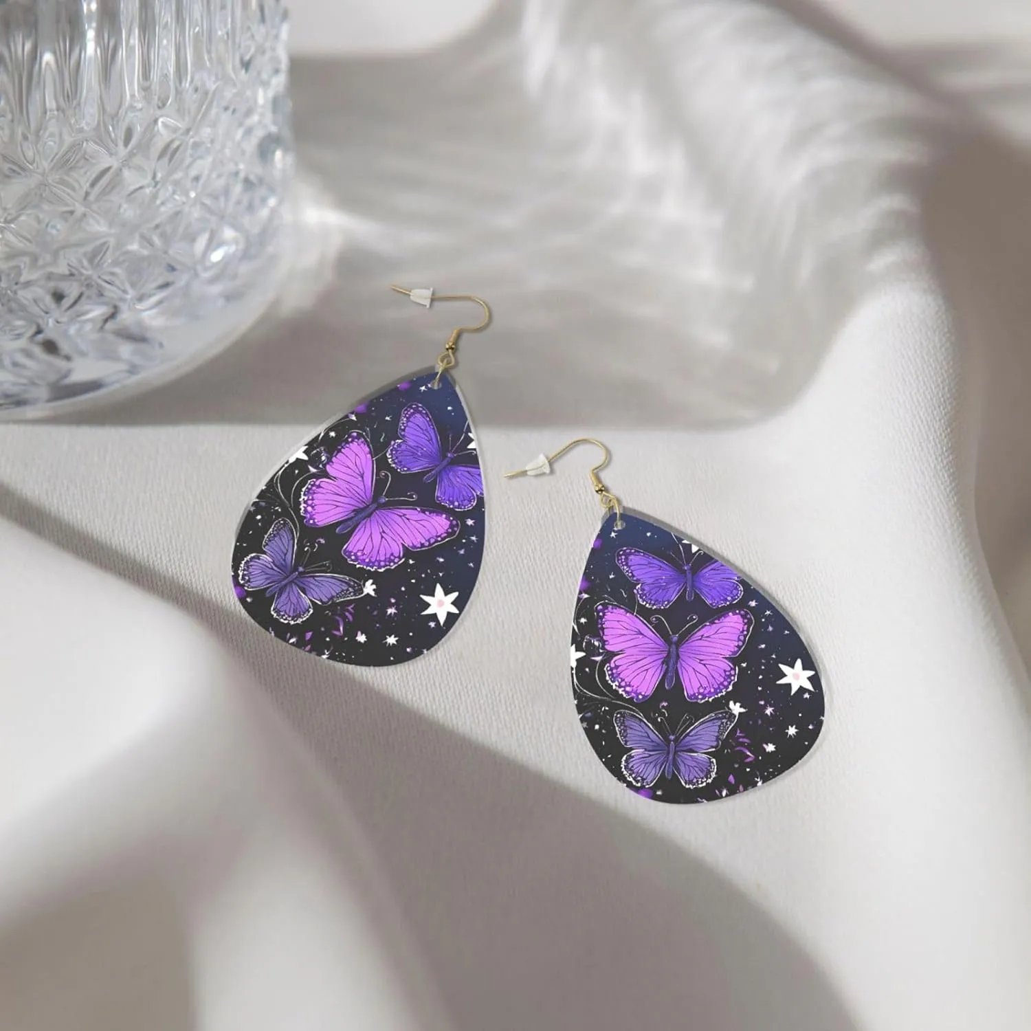 Stylish Drop-Shaped Acrylic Earrings Lightweight Printed Teardrop Dangle Earrings for Women (Beautiful Glowing Butterfly)