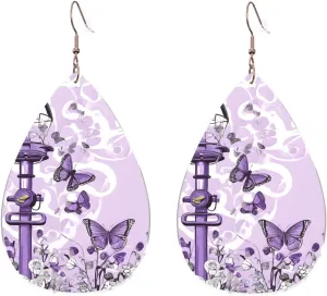 Stylish Drop-Shaped Acrylic Earrings Lightweight Printed Teardrop Dangle Earrings for Women (Beautiful Purple Butterfly)