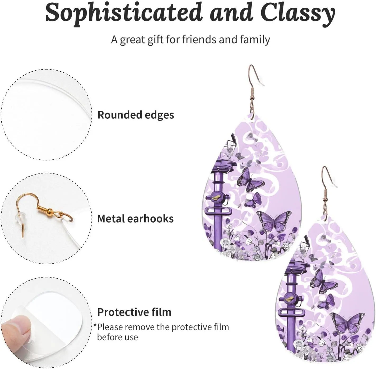 Stylish Drop-Shaped Acrylic Earrings Lightweight Printed Teardrop Dangle Earrings for Women (Beautiful Purple Butterfly)