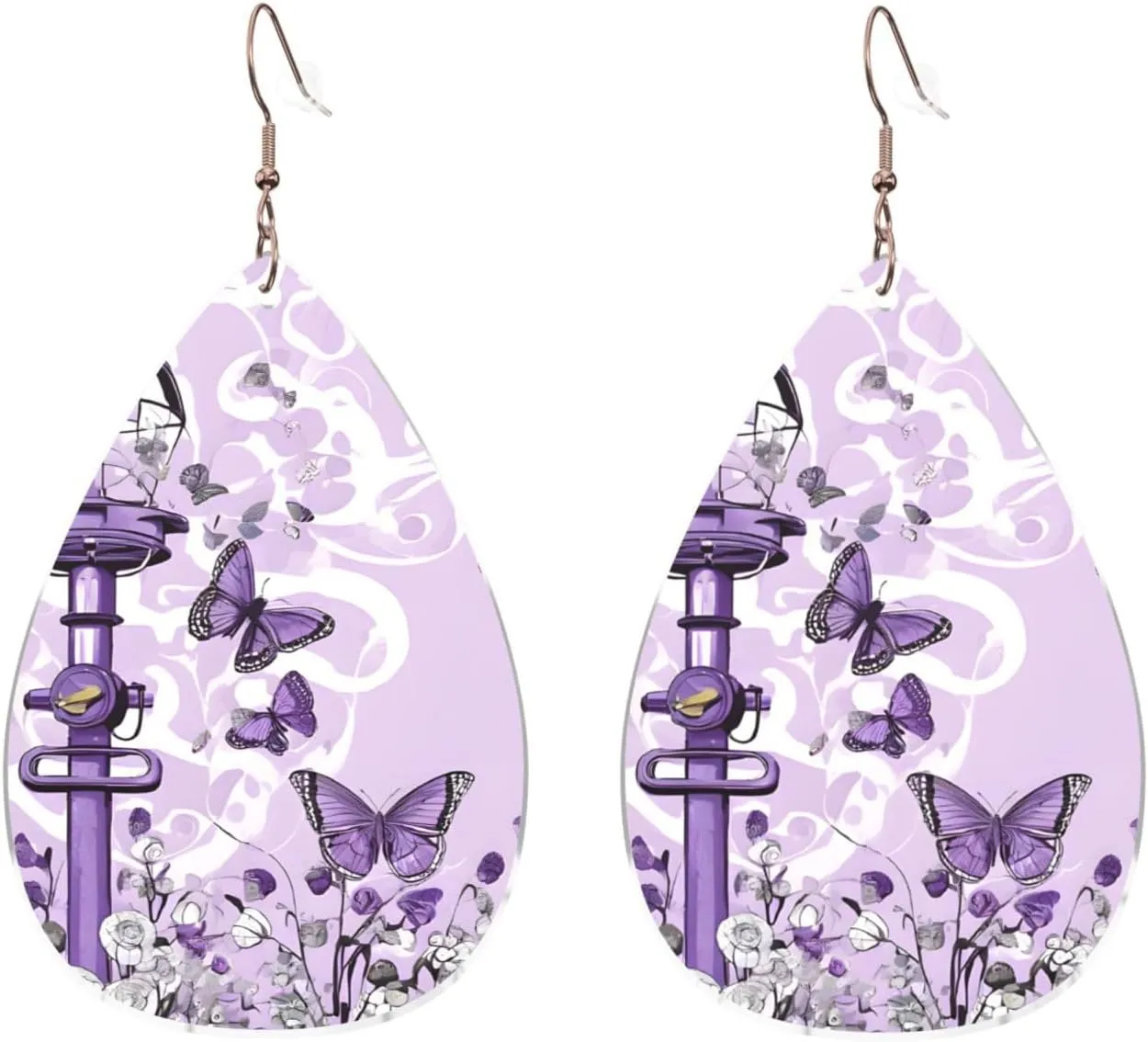 Stylish Drop-Shaped Acrylic Earrings Lightweight Printed Teardrop Dangle Earrings for Women (Beautiful Purple Butterfly)