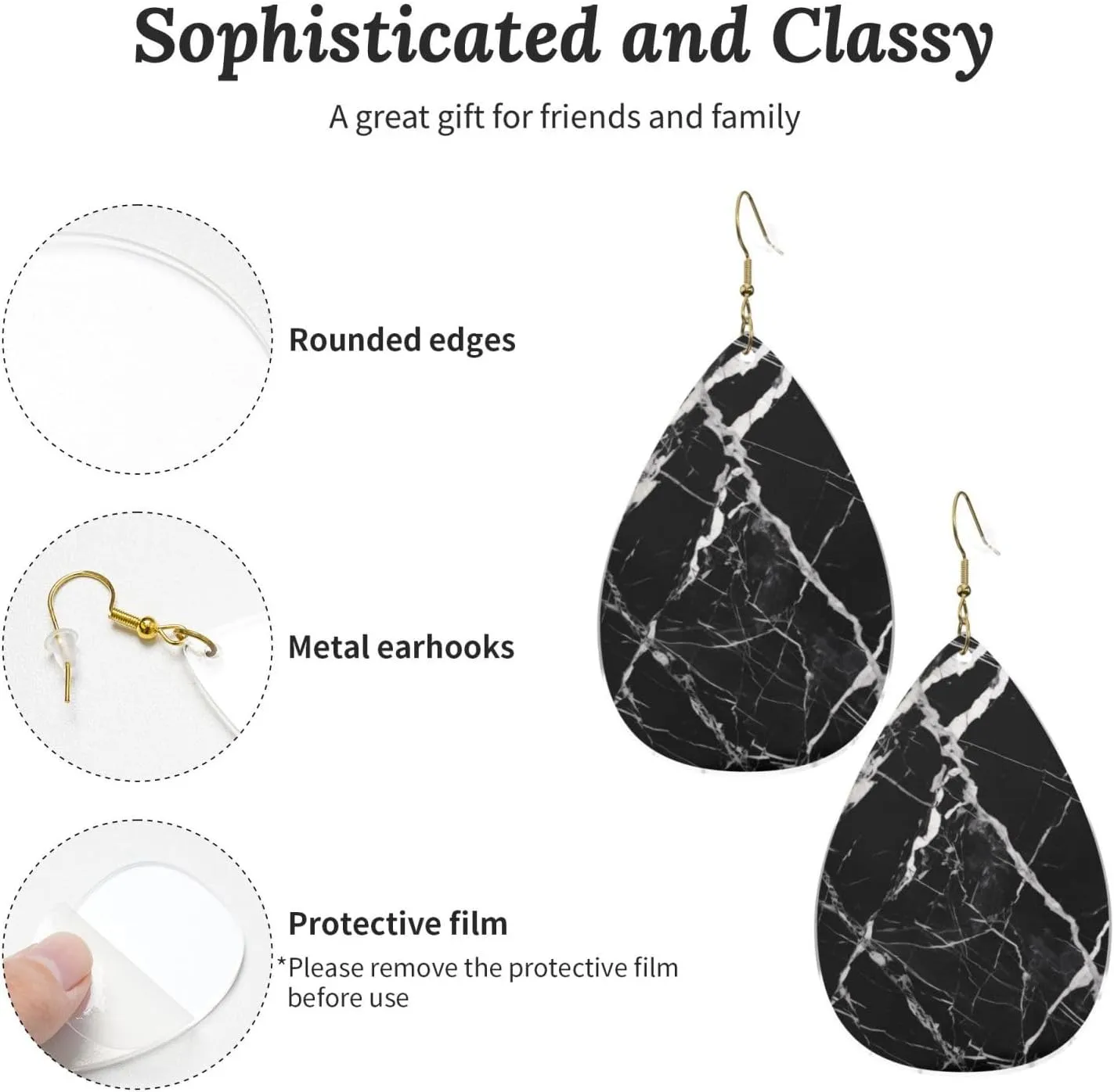 Stylish Drop-Shaped Acrylic Earrings Lightweight Printed Teardrop Dangle Earrings for Women (Black and White Marble)