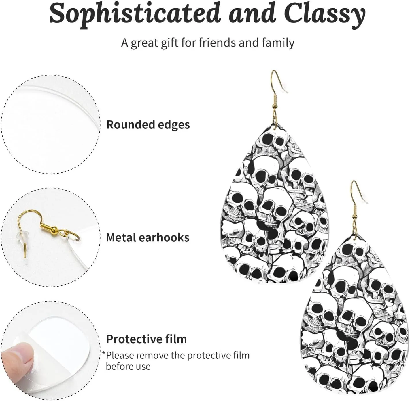 Stylish Drop-Shaped Acrylic Earrings Lightweight Printed Teardrop Dangle Earrings for Women (Black and white skulls)