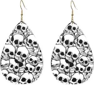 Stylish Drop-Shaped Acrylic Earrings Lightweight Printed Teardrop Dangle Earrings for Women (Black and white skulls)