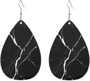 Stylish Drop-Shaped Acrylic Earrings Lightweight Printed Teardrop Dangle Earrings for Women (Black Gold Marble Print)