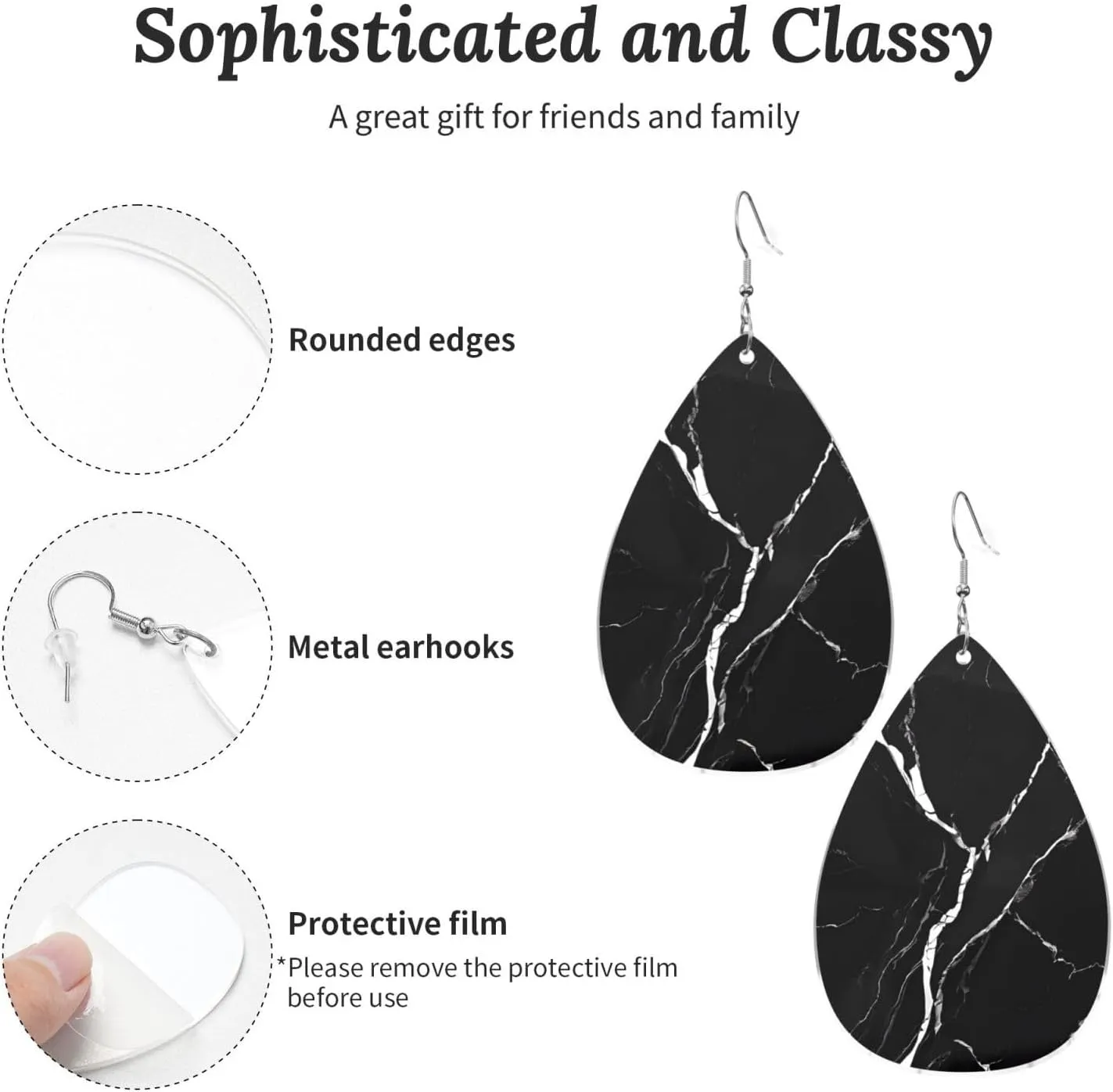 Stylish Drop-Shaped Acrylic Earrings Lightweight Printed Teardrop Dangle Earrings for Women (Black Gold Marble Print)