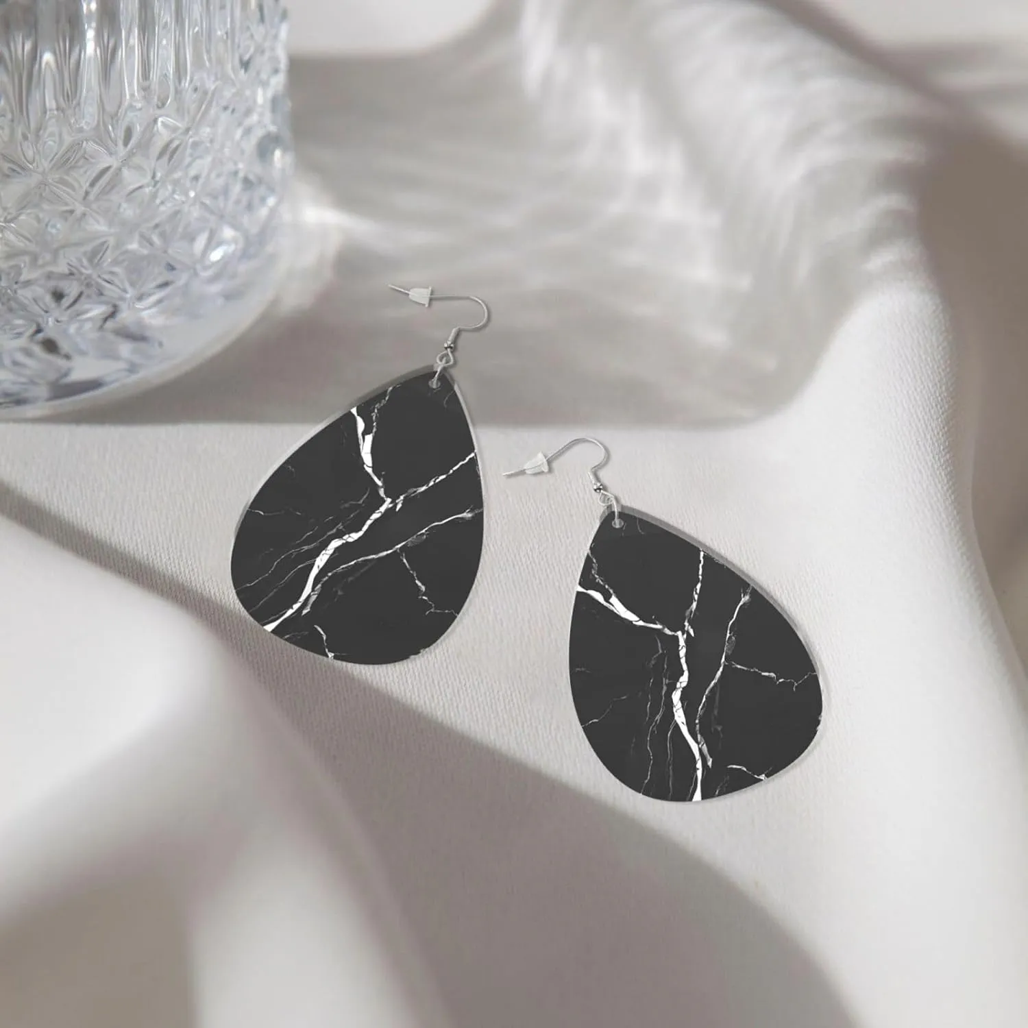 Stylish Drop-Shaped Acrylic Earrings Lightweight Printed Teardrop Dangle Earrings for Women (Black Gold Marble Print)