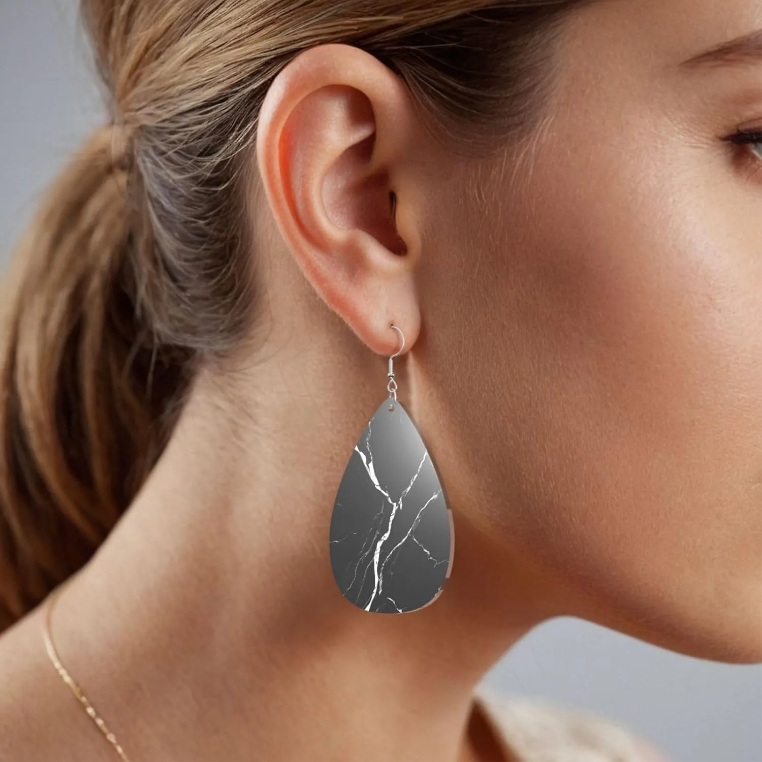 Stylish Drop-Shaped Acrylic Earrings Lightweight Printed Teardrop Dangle Earrings for Women (Black Gold Marble Print)
