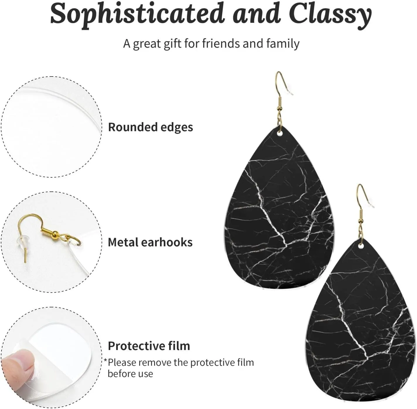 Stylish Drop-Shaped Acrylic Earrings Lightweight Printed Teardrop Dangle Earrings for Women (Black Marble)