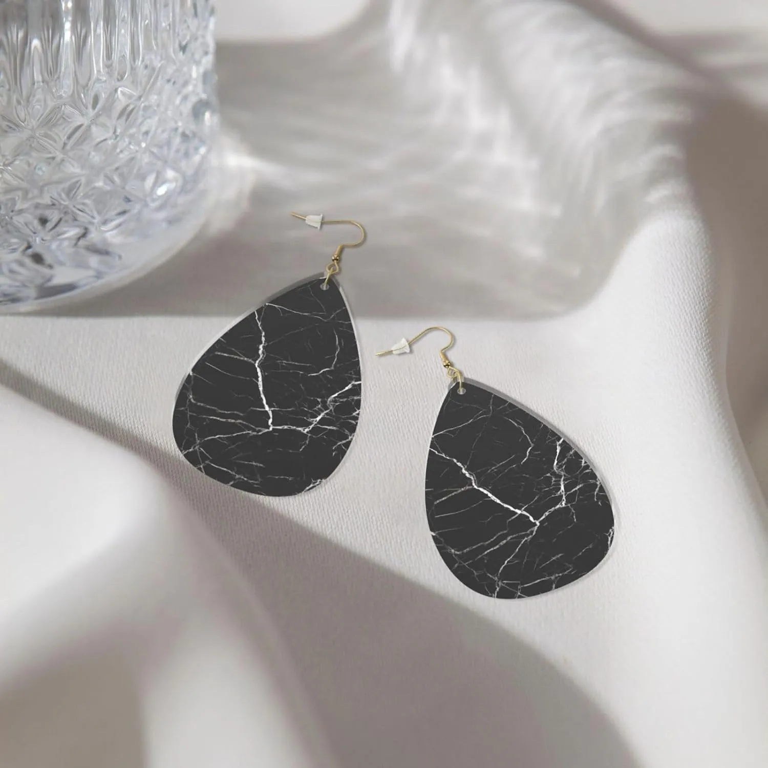 Stylish Drop-Shaped Acrylic Earrings Lightweight Printed Teardrop Dangle Earrings for Women (Black Marble)