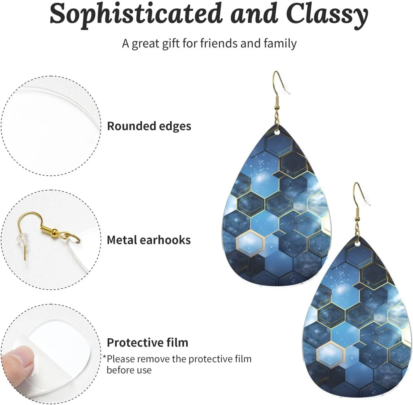 Stylish Drop-Shaped Acrylic Earrings Lightweight Printed Teardrop Dangle Earrings for Women (Blue Hexagons and Diamonds)